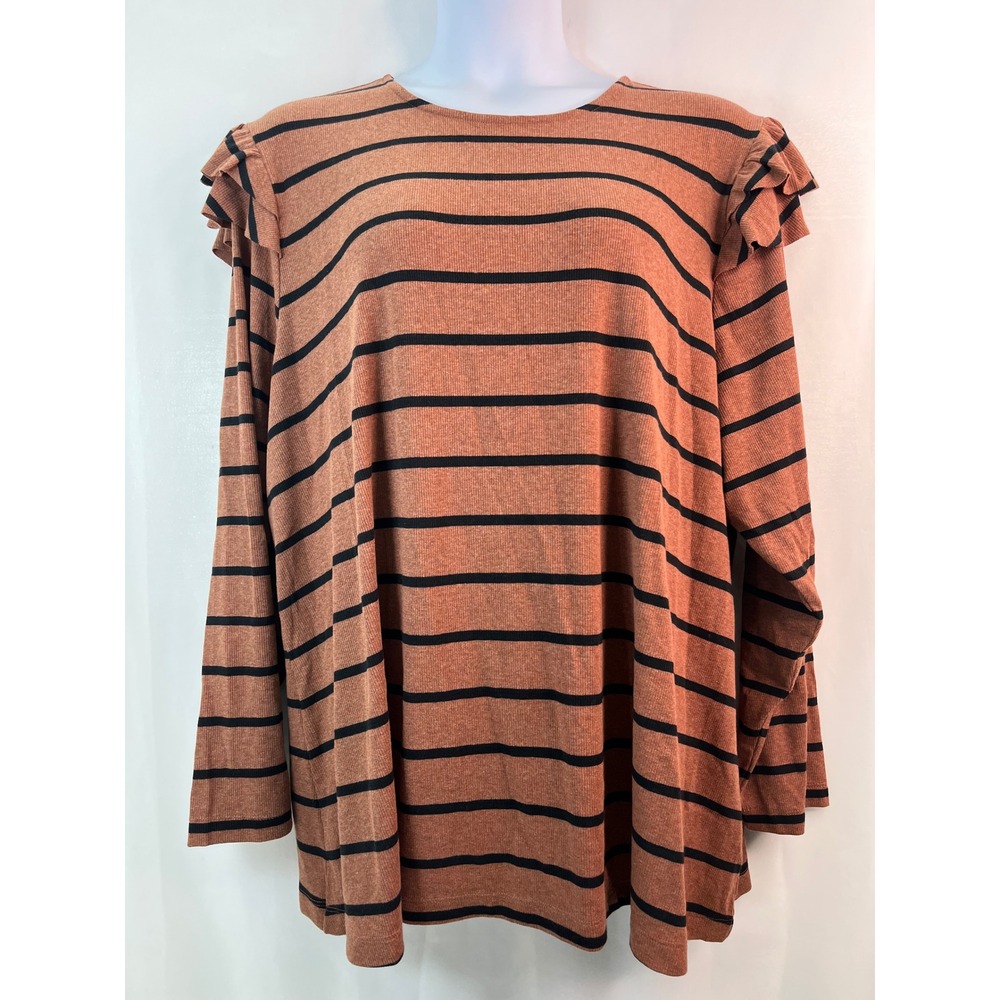 Lane Bryant Plus Top 34/36  Brown Striped Long Sleeve Ruffle Coquette‎ Academia
